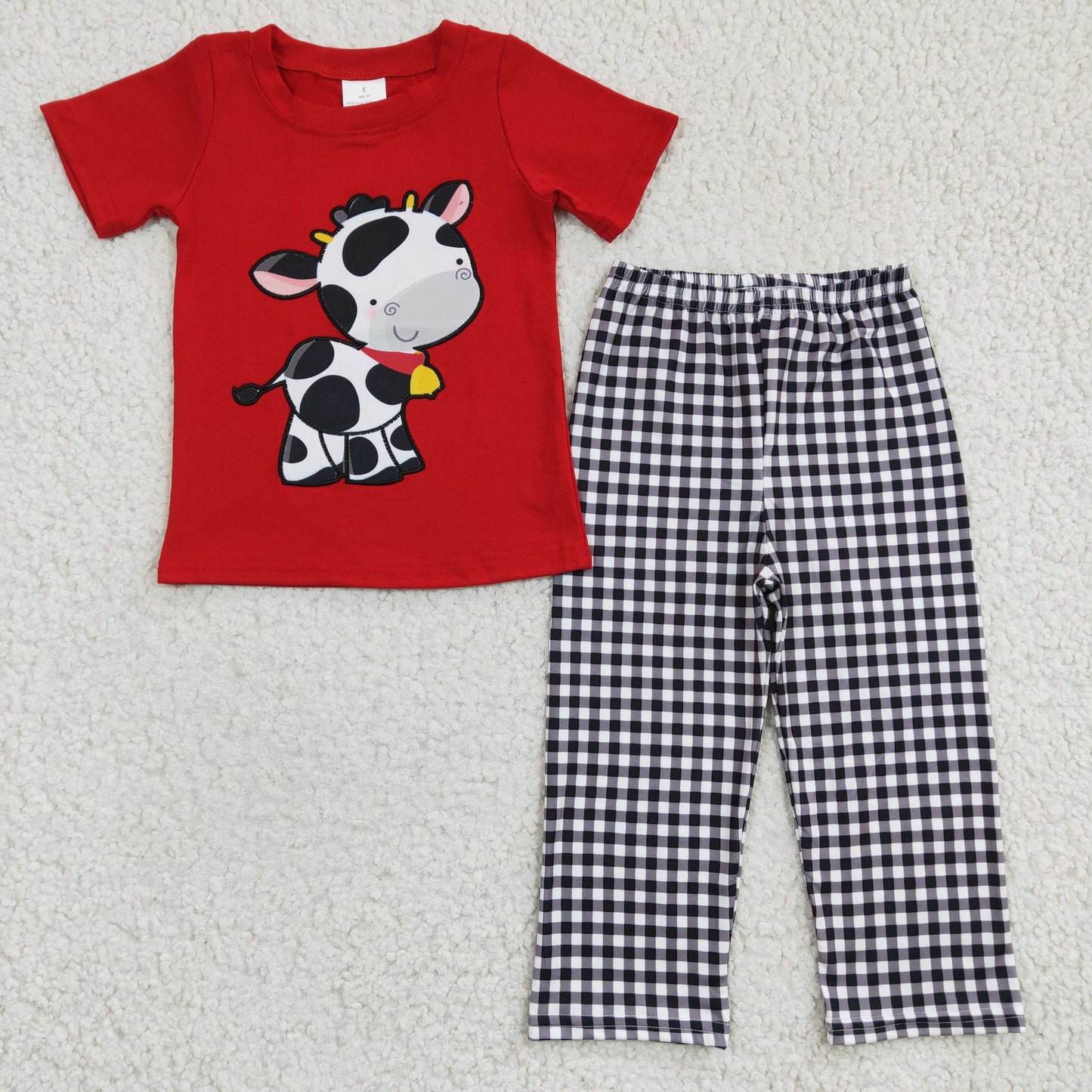 Boys Embroidery Cow Red Outfits