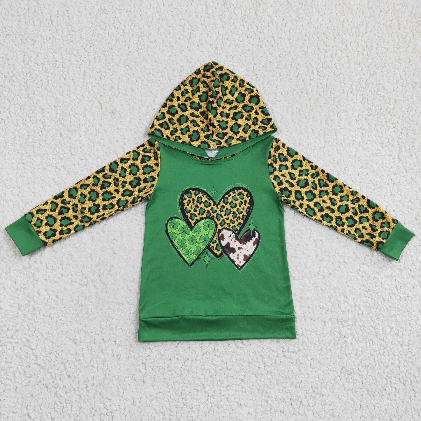 Girls Green Leopard Hoodies Top Long Sleeves