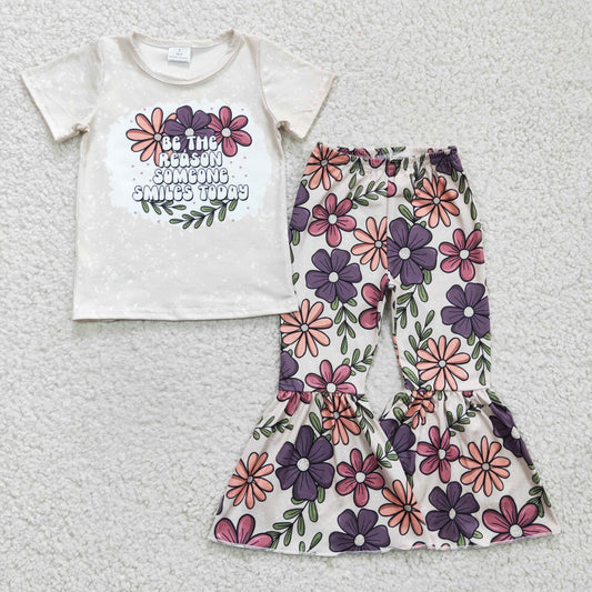 Girls Smile Outfits Short Sleeves Bell Bottom Floral Pants