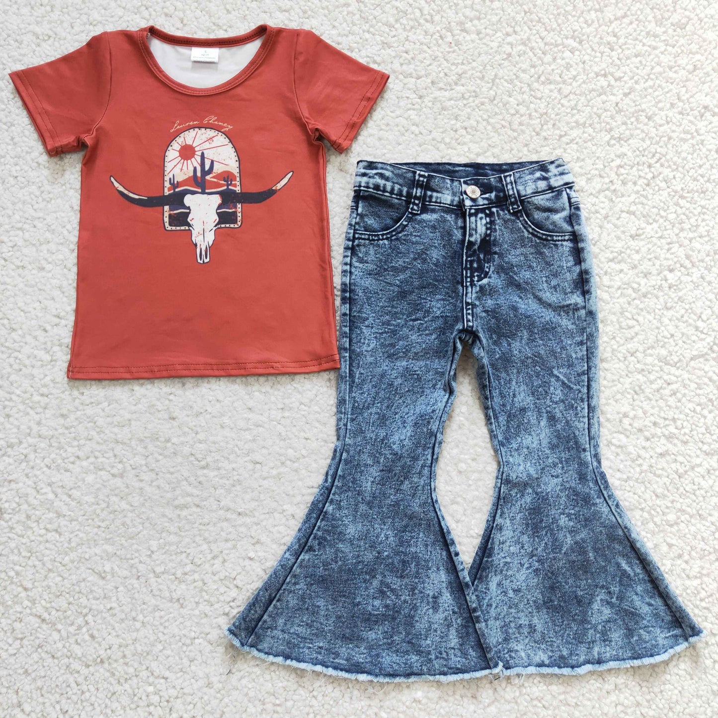 Girls Cow Outfits Short Sleeves Blue Jeans