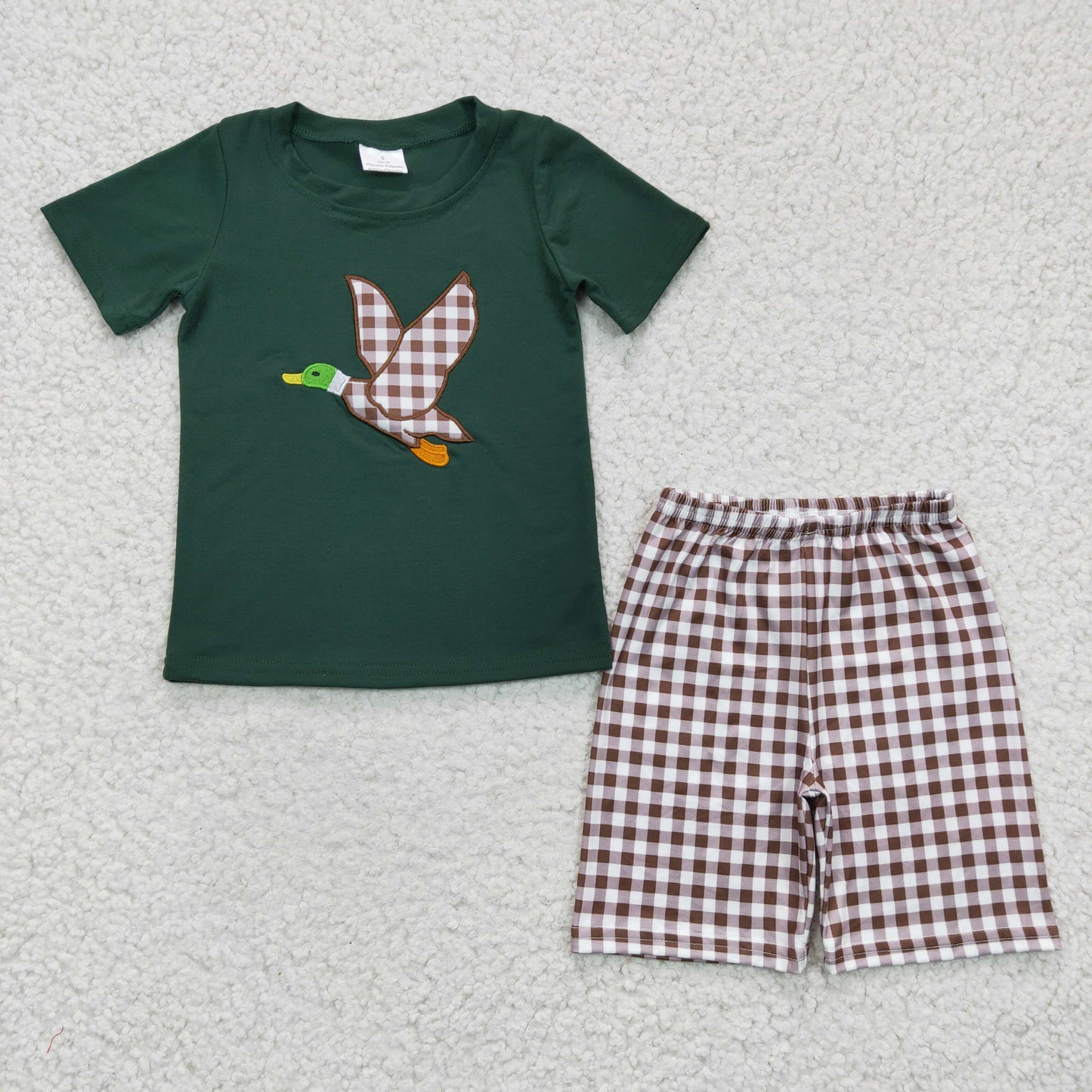 Boys Mallard Outfits Short Sleeves Plaid Shorts Embroidery