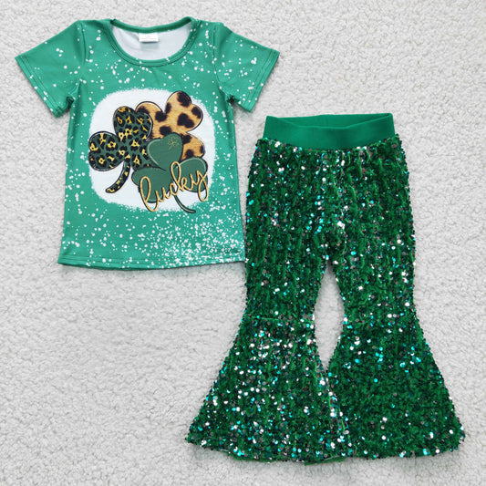 Girls Lucky Outfits Green Sequined Pants