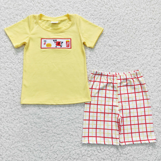 Boys Click Yellow Outfits Short Sleeves Plaid Shorts Embroidery