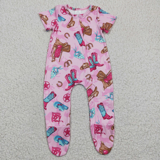 Baby Cowboy Zip Rompers Pink Short Sleeves