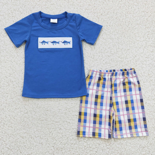 Boys Whale Outfits Short Sleeves Plaid Shorts Embroidery