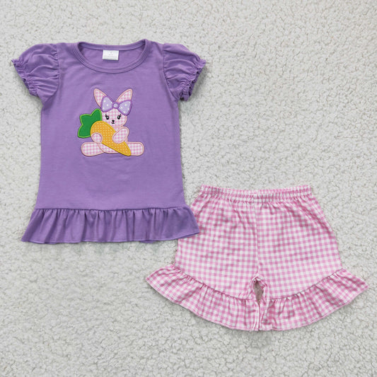 Girls Easter Bunny Embroidery Outfits Short Sleeves Pink Plaid Shorts