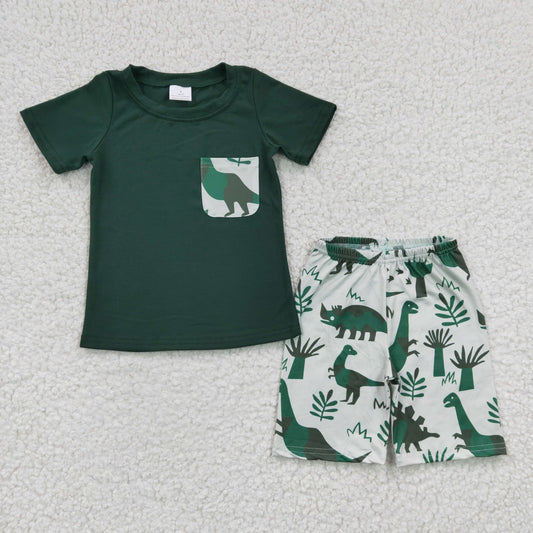 BSSO0116 Boys Dinosaur Green Outfits Shorts Pocket