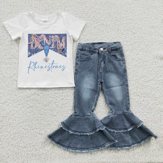 Girls Denim Cow Outfits Short Sleeves Blue Jeans