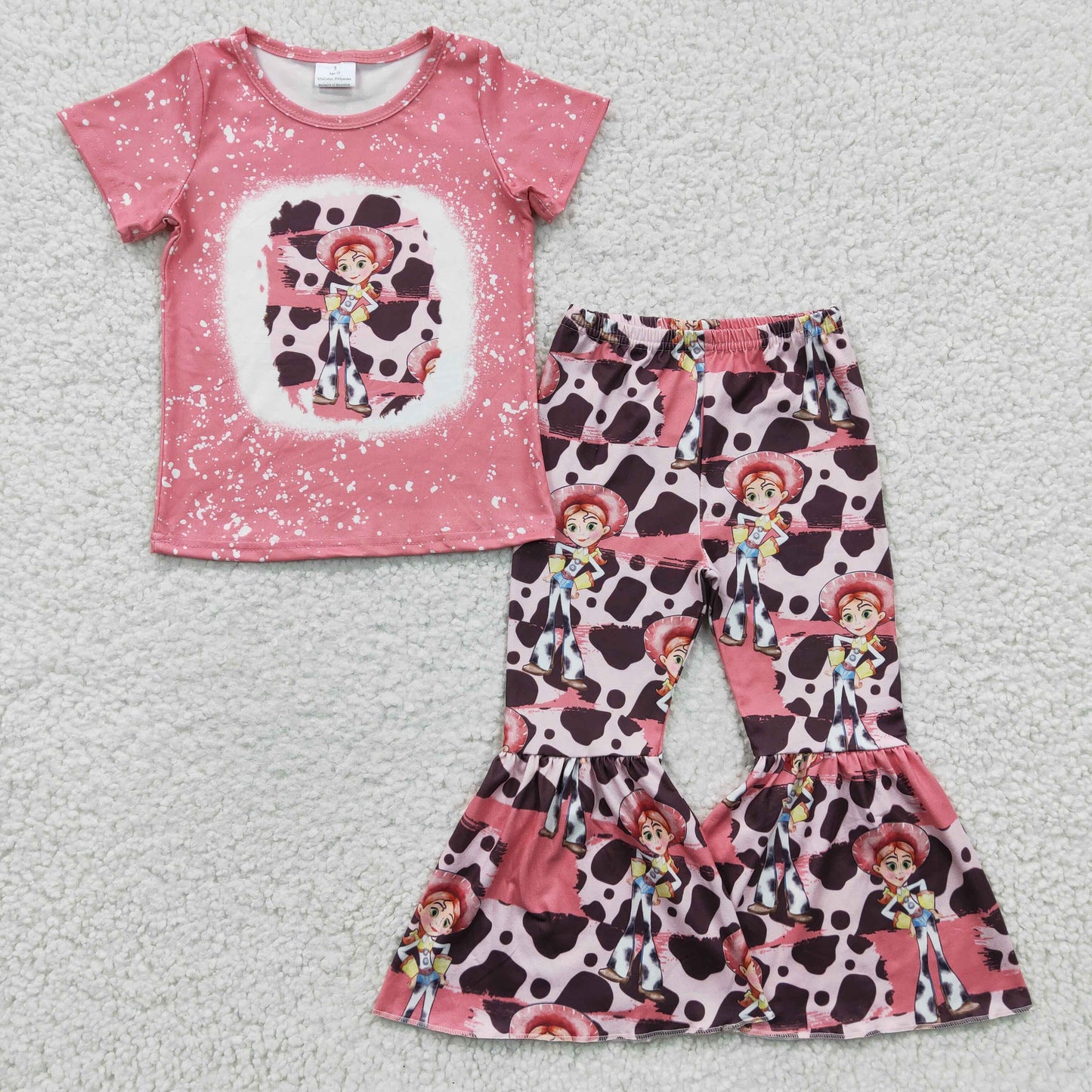 Girls Pink Leopard Outfits Short Sleeves Bell Bottom Pants