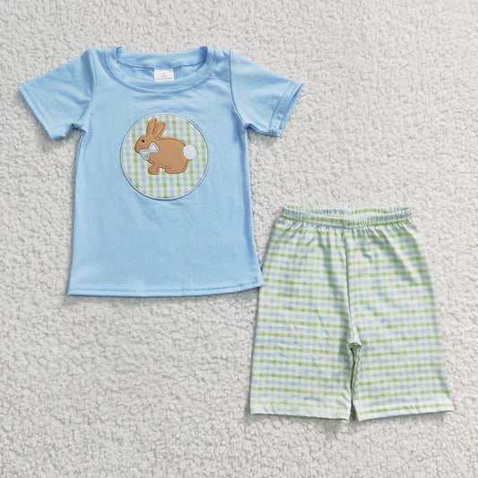 Boys Easter Bunny Outfits Short Sleeves Plaid Shorts Embroidery