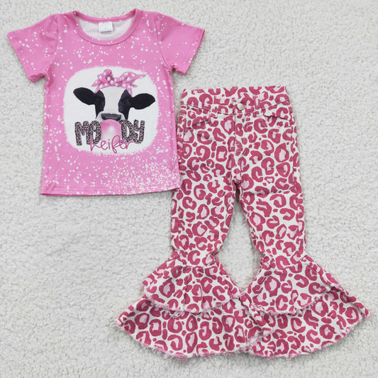 Girls Moody Outfits Short Sleeves Pink Leopard Jeans