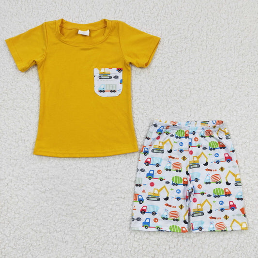 Boys Truck Yellow Outfits Shorts Pocket