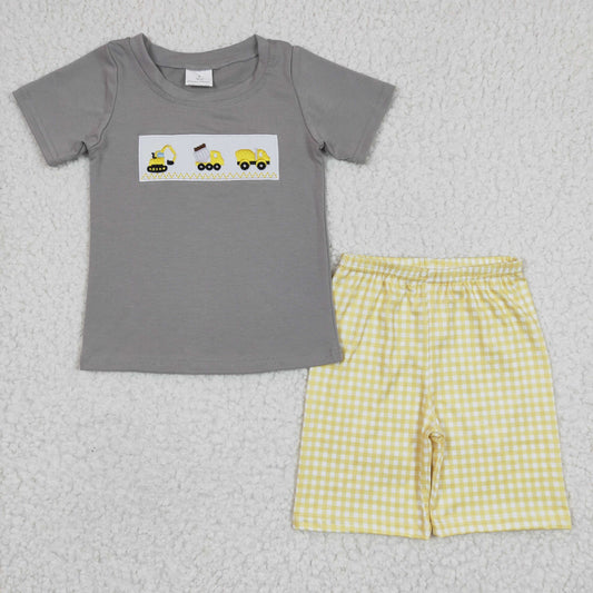 Boys Digger Outfits Short Sleeves Plaid Shorts Embroidery