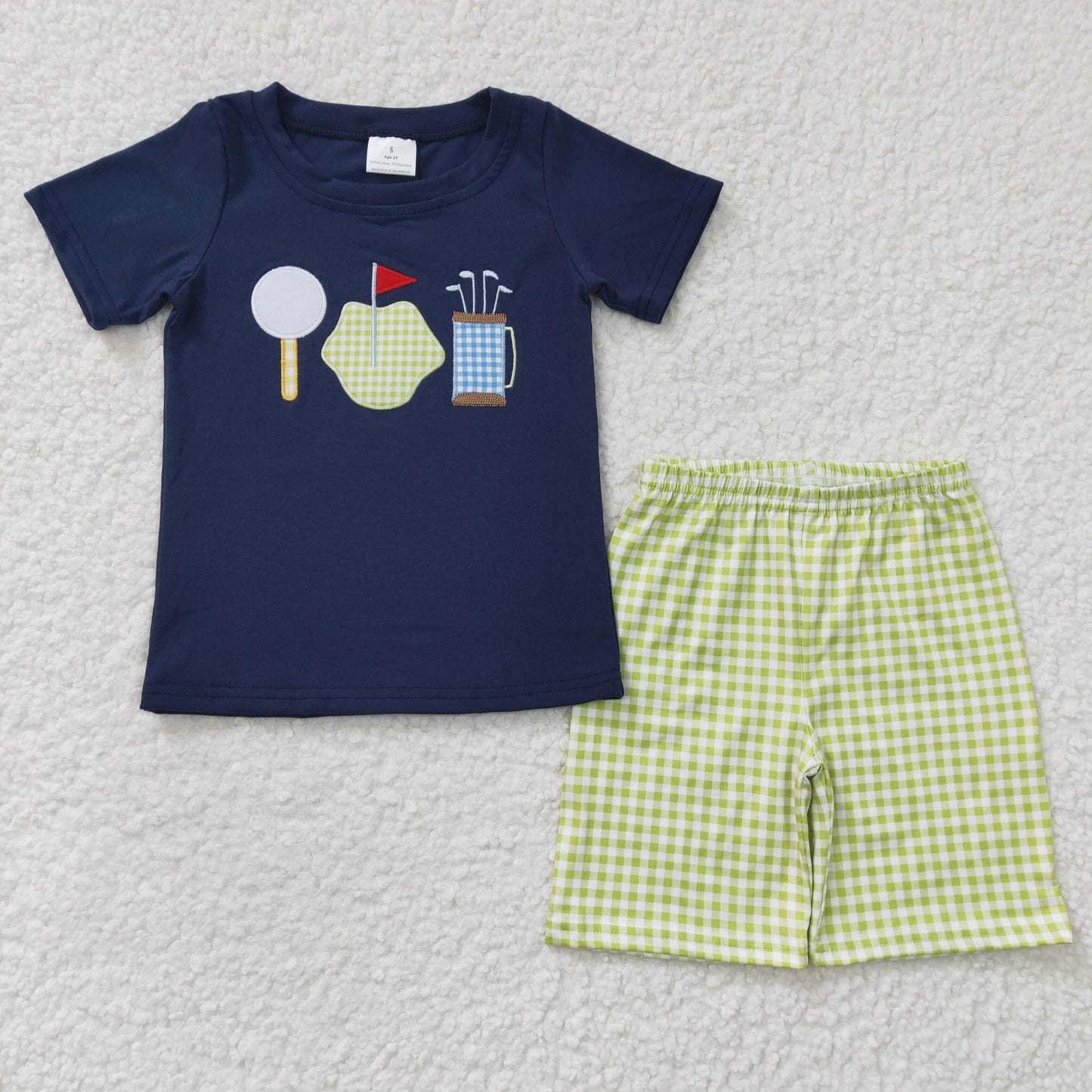 Boys Embroidery Golf Outfits Short Sleeves Green Shorts