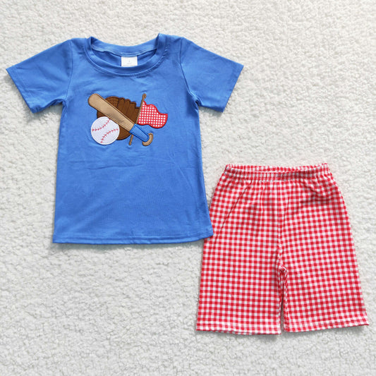 Boys Embroidery Baseball Outfits Short Sleeves Plaid Shorts