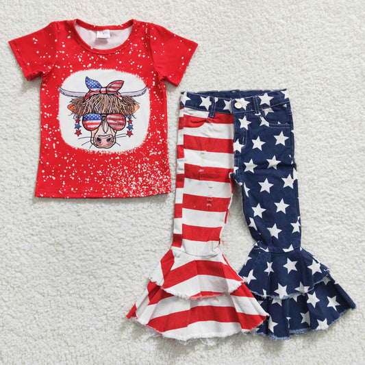 Girls July Fourth Cow Outfits Short Sleeves Stars Jeans