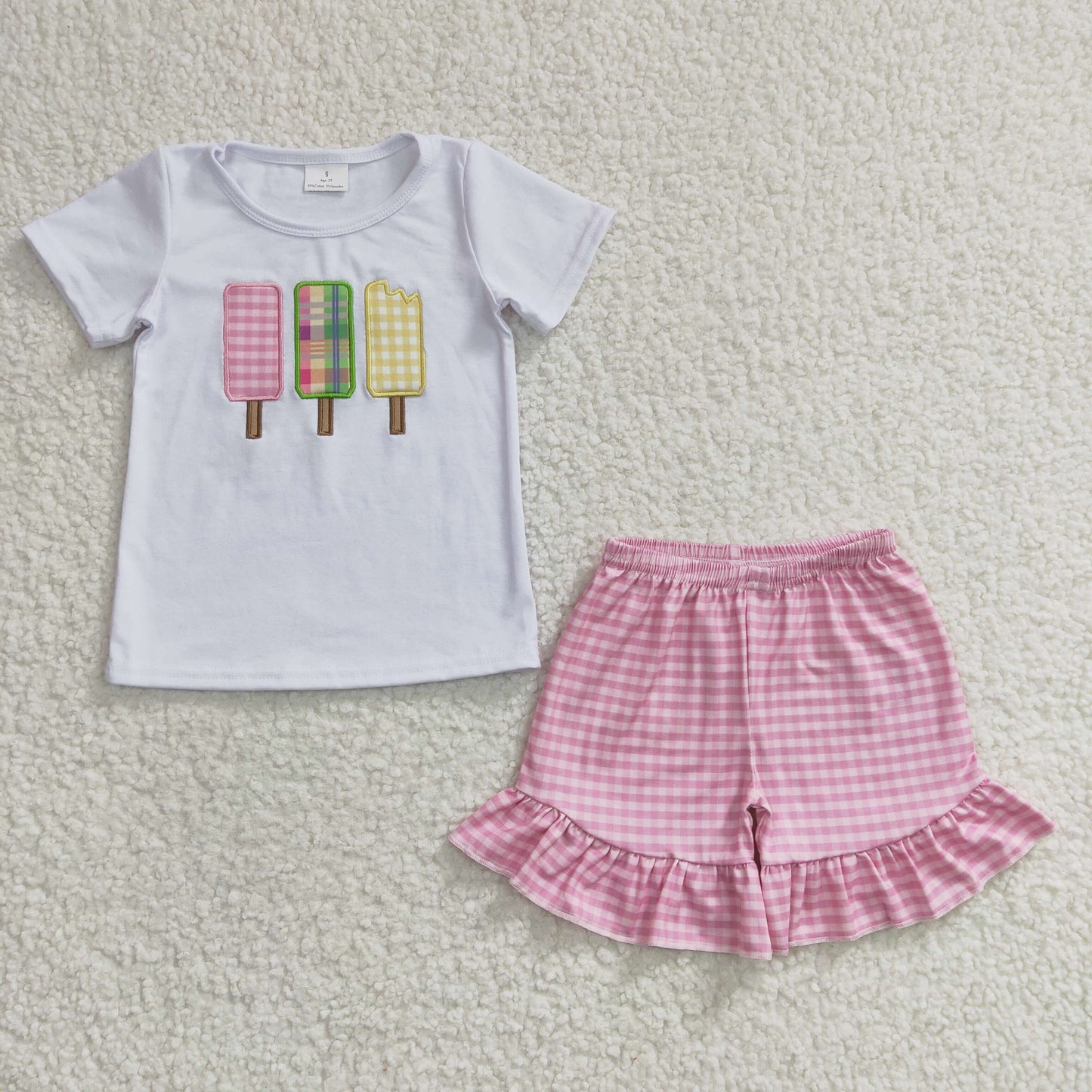 Girls Popsicle Outfits Short Sleeves Plaid Shorts Embroidery