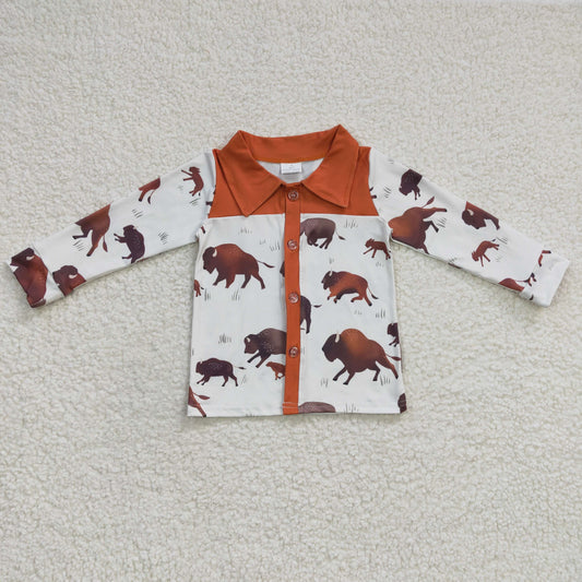 Boys Brown Cow Shirt Top Long Sleeves