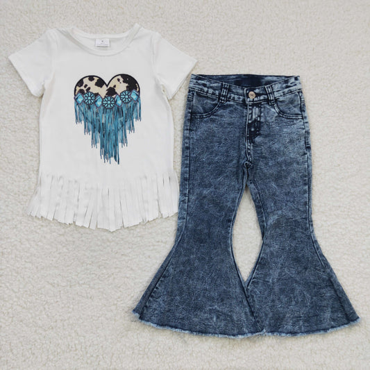 Girls Turquoise Outfits Short Sleeves Blue Jeans