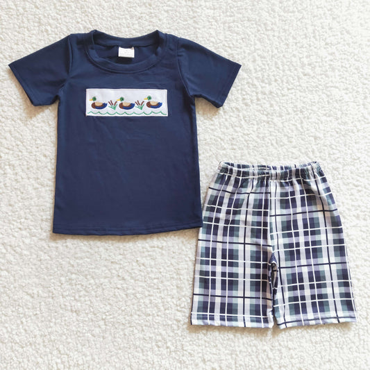 Boys Mallard Outfits Short Sleeves Plaid Shorts Embroidery