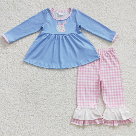 Girls Easter Embroidery Bunny Outfits Long Sleeves Plaid Pants