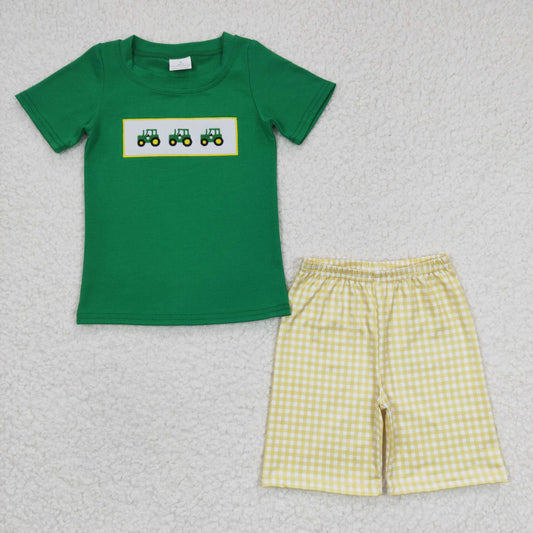 Boys Truck Outfits Short Sleeves Plaid Shorts Embroidery