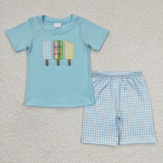 Boys Popsicle Outfits Short Sleeves Plaid Shorts Embroidery