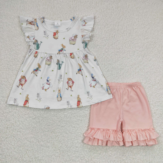 Girls Easter Bunny Outfits Short Sleeves Pink Shorts