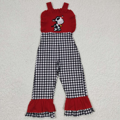 Girls Embroidery Cow Red Overalls