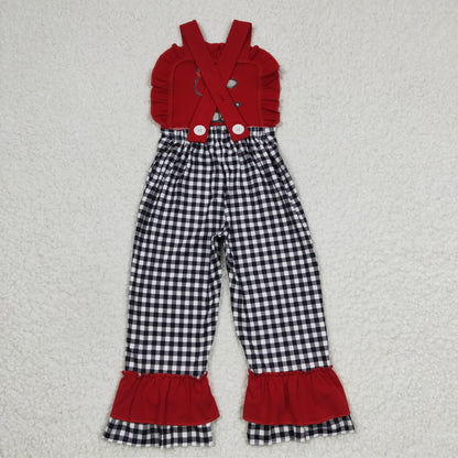 Girls Embroidery Cow Red Overalls