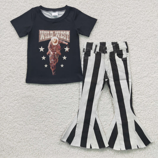 Girls Wild West Outfits Short Sleeves Stripe Jeans