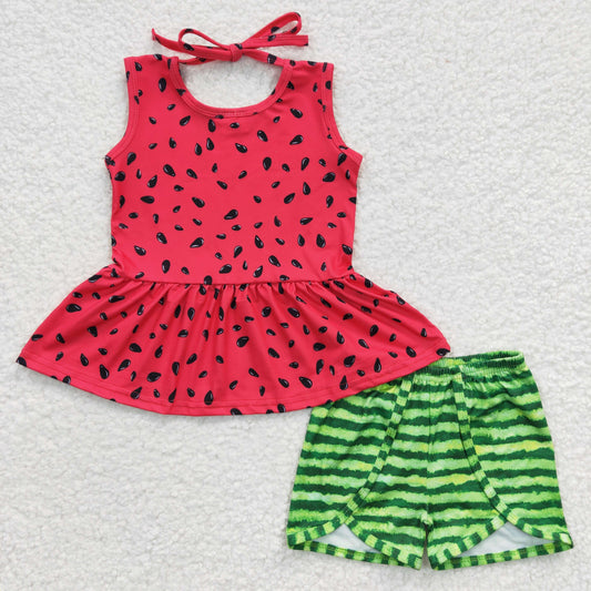 Girls Watermelon Outfits Short Sleeves Green Shorts