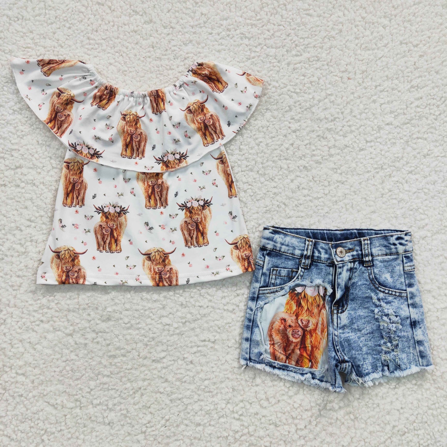 Girls Highland Cow Outfits Short Sleeves Denim Shorts