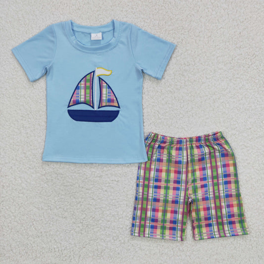 Boys Sailboat Outfits Short Sleeves Plaid Shorts Embroidery