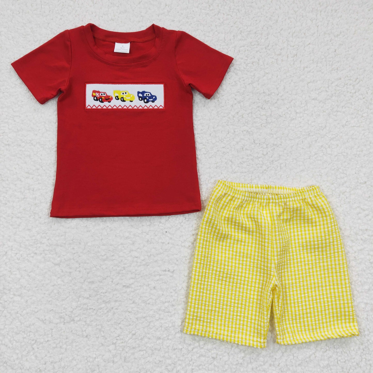 Boys Embroidery Cars Outfits Short Sleeves Plaid Shorts