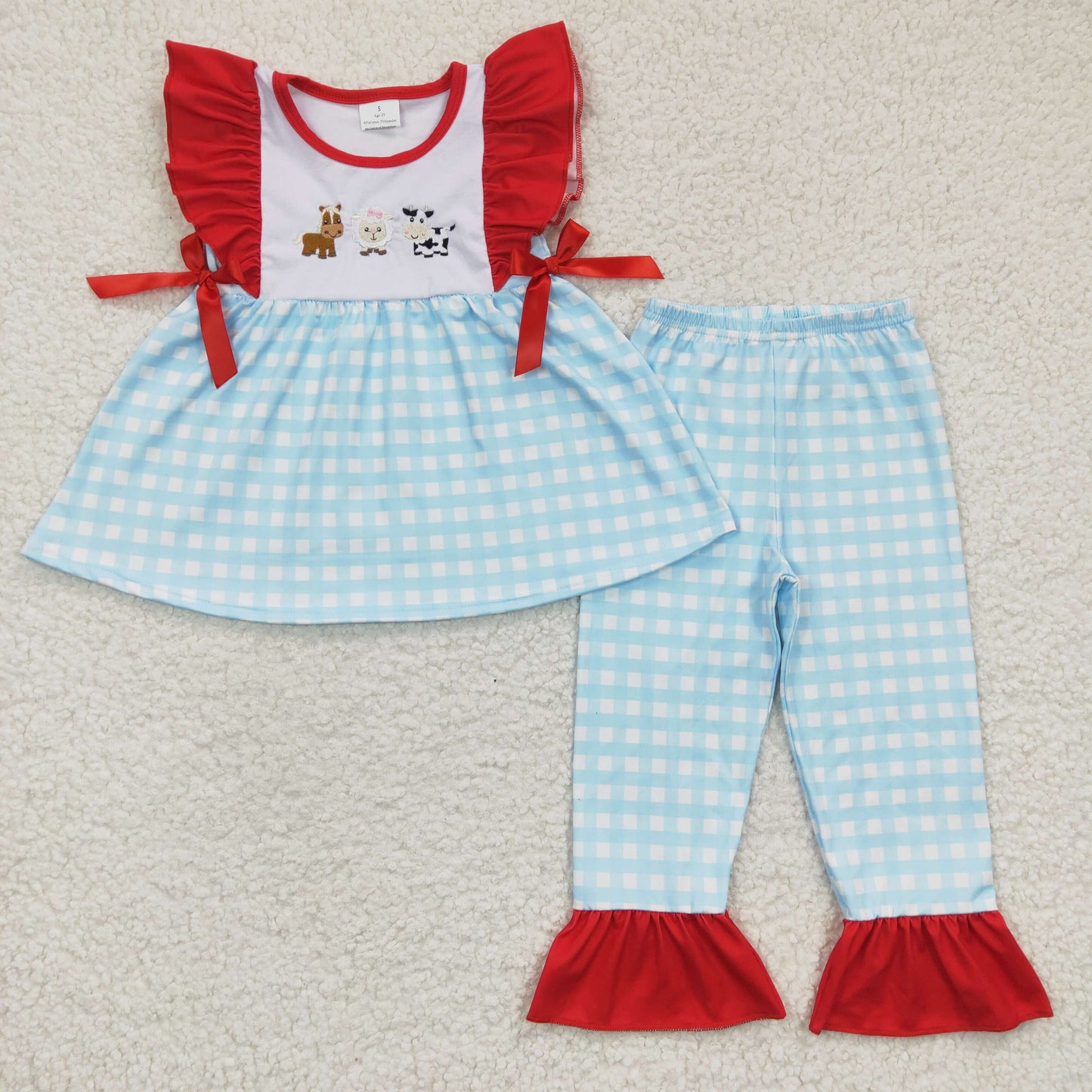 Girls Embroidery Cow Plaid Outfits