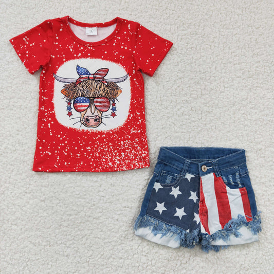 Girls Cow July Fourth Outfits Short Sleeves Denim Shorts