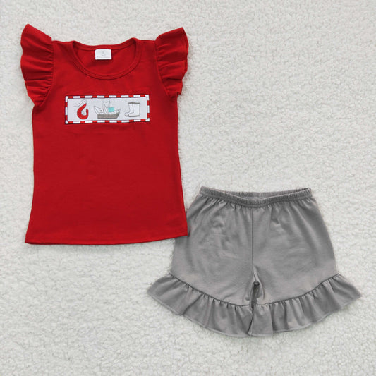 Girls Red Outfits Short Sleeves Gray Shorts Embroidery