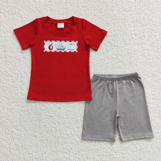 Boys Red Outfits Short Sleeves Gray Shorts Embroidery