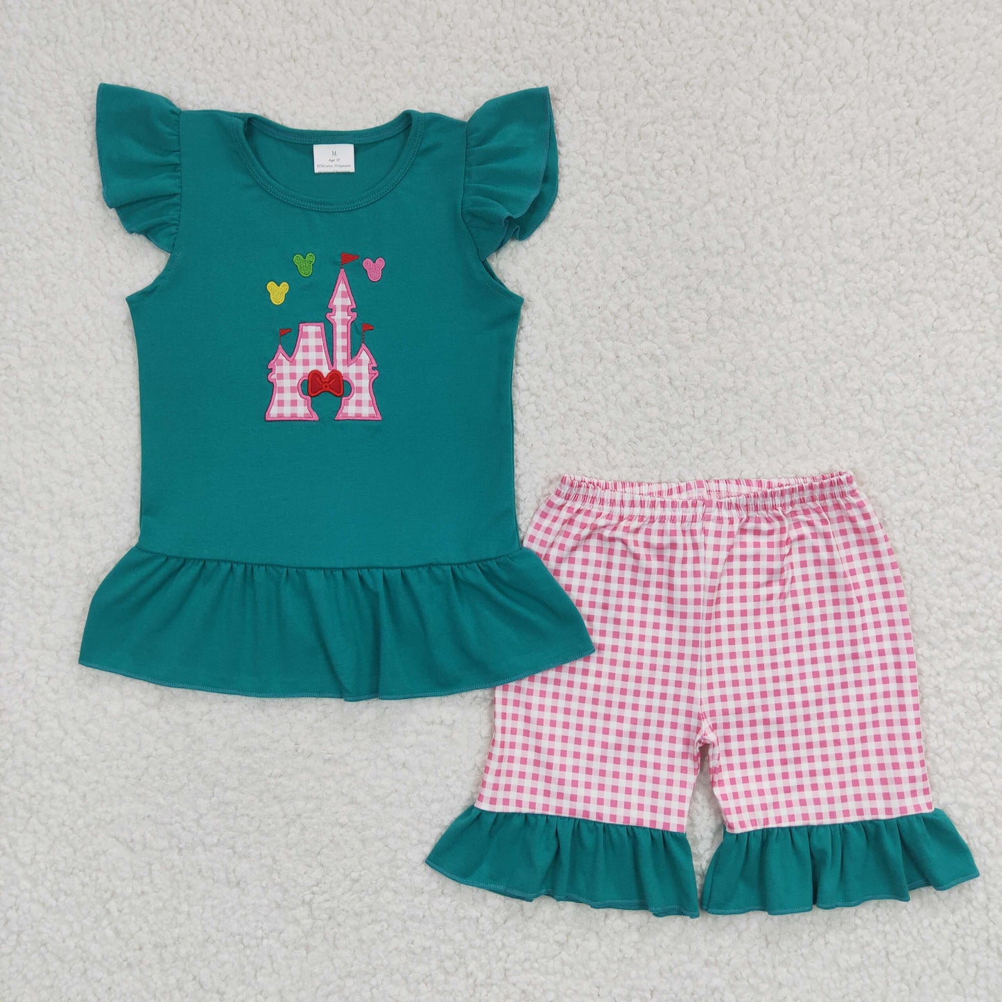 Girls Embroidery Castle Outfits Plaid Shorts