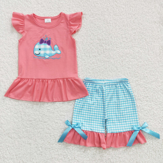 Girls Embroidery Whale Outfits Short Sleeves Plaid Shorts