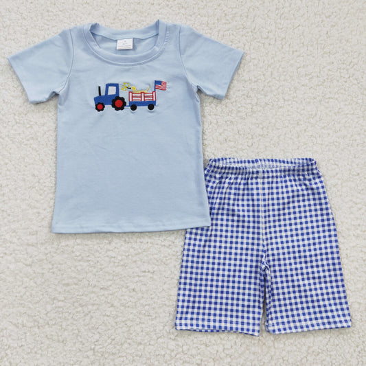 Boys Embroidery Truck Outfits Short Sleeves Plaid Shorts