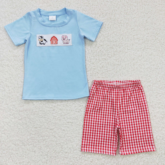 Boys Farm Embroidery Outfits Short Sleeves Plaid Shorts