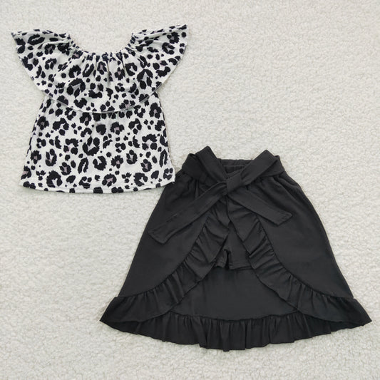 Girls Black Outfits Short Sleeves Leopard Skirt