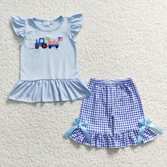 Girls Embroidery Truck Outfits Blue Shorts