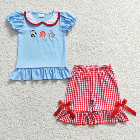 Girls Farm Embroidery Outfits Short Sleeves Plaid Shorts