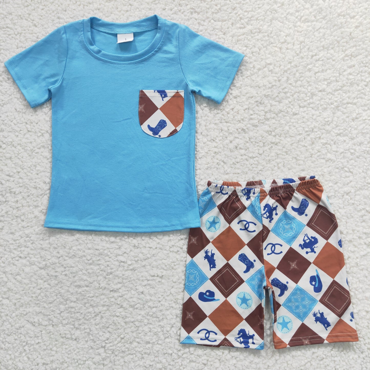 Boys Cowboy Outfits Short Sleeves Blue Shorts