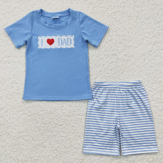 Boys Love Dad Embroidery Outfits Short Sleeves Stripe Shorts