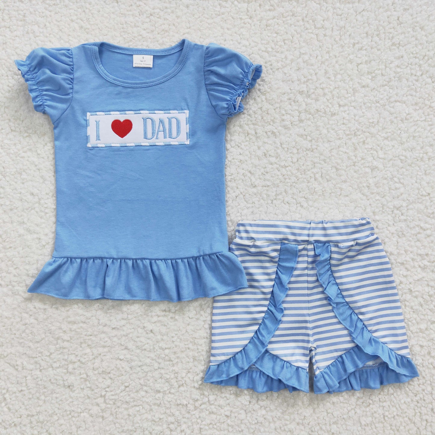 Girls Love Dad Embroidery Outfits Short Sleeves Stripe Shorts