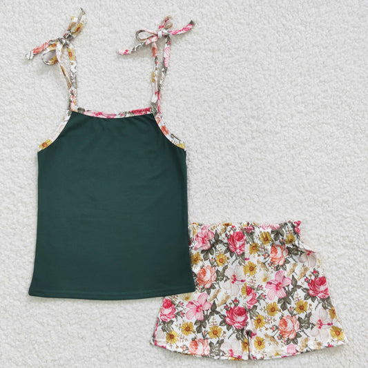 Girls Green Outfits Floral Shorts